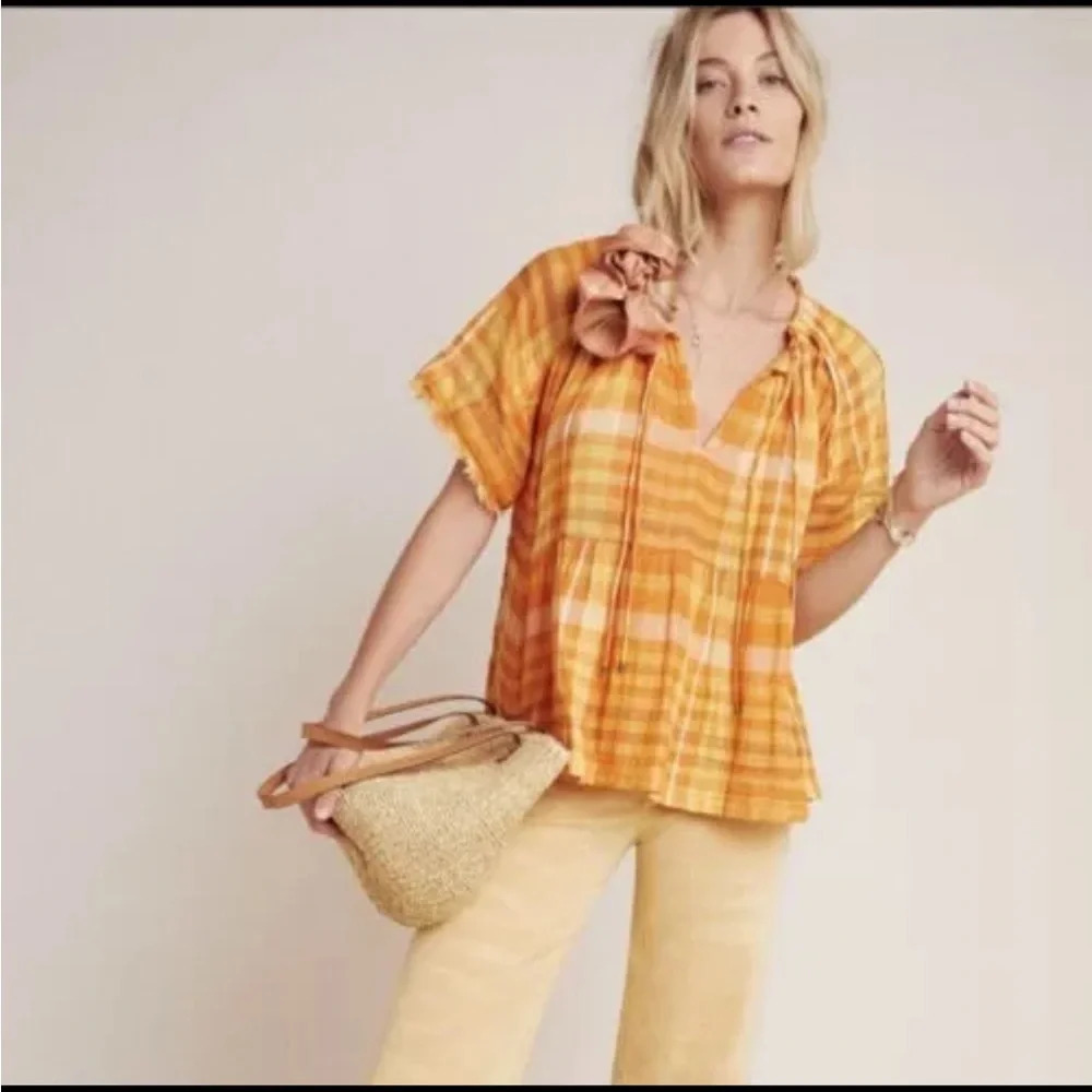 Pilcro Anthropologie The Bette Babydoll Plaid Tie-Neck Top size XS Orange/Yellow